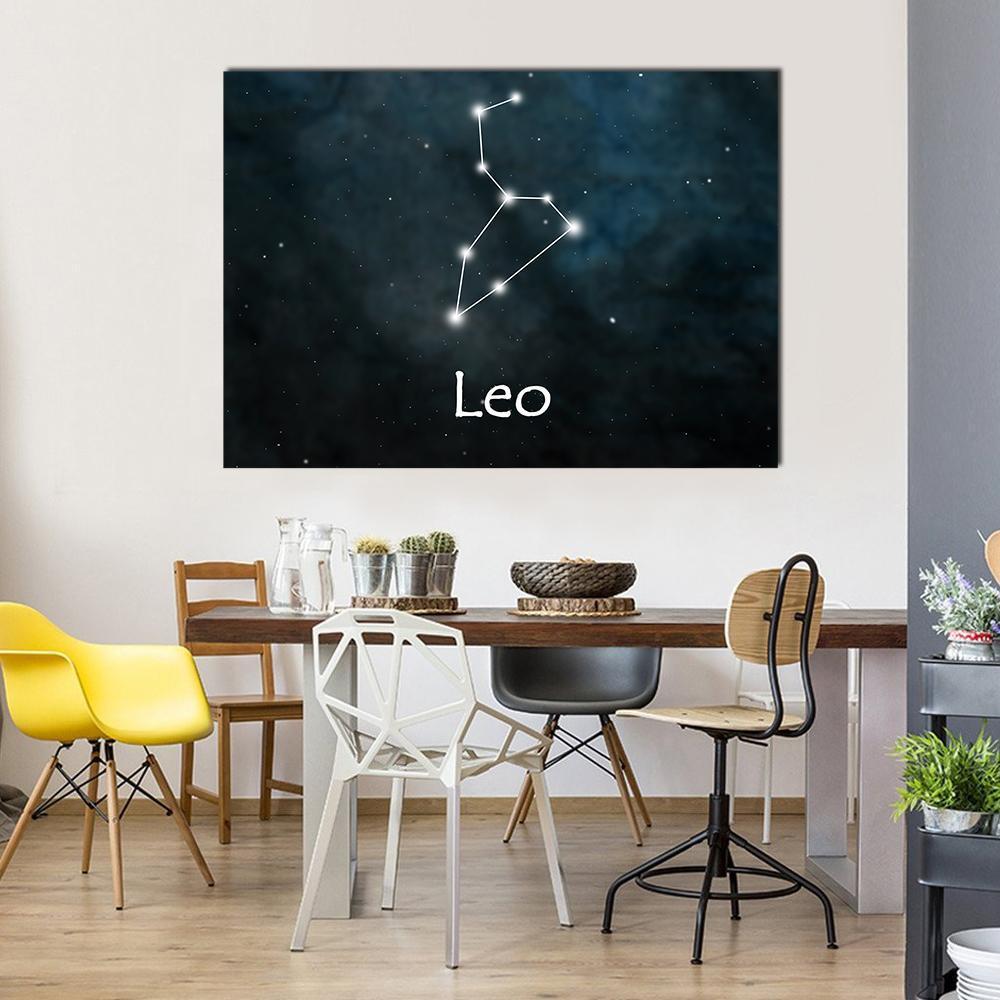 Leo Constellation Typography Canvas Wall Art in black, white and blue, single panel hung on a wall