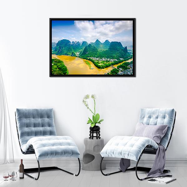 Li River in Rural Guilin Canvas Wall Art in yellow, green and blue, framed canvas, product view on a white background