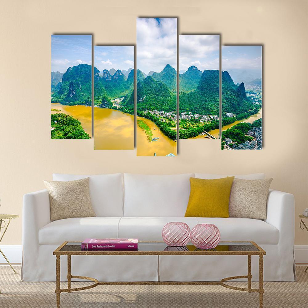 Li River In Rural Guilin Canvas Wall Art-5 Pop-Gallery Wrap-47" x 32"-Tiaracle