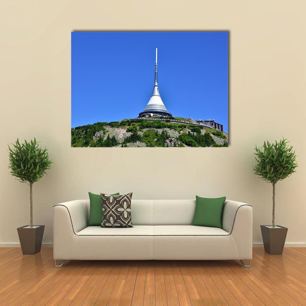 Ještěd Tower in Liberec Canvas Wall Art in white, green and blue, single panel hung on a wall