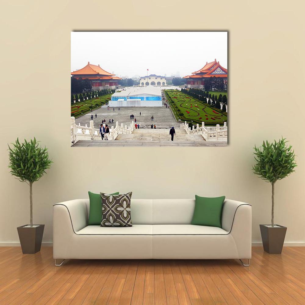 Grand Liberty Square in Taipei Canvas Wall Art in white, orange and green, single panel hung on a wall