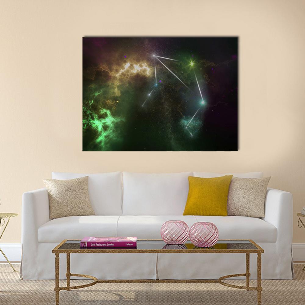 Libra Constellation Over Nebula Canvas Wall Art in black, gold and green, single panel hung on a wall
