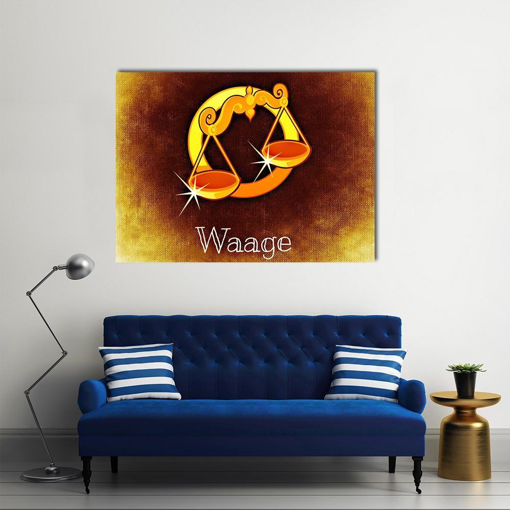 Libra Zodiac Symbol with Golden Scales Canvas Wall Art in brown, gold and yellow, single panel hung on a wall