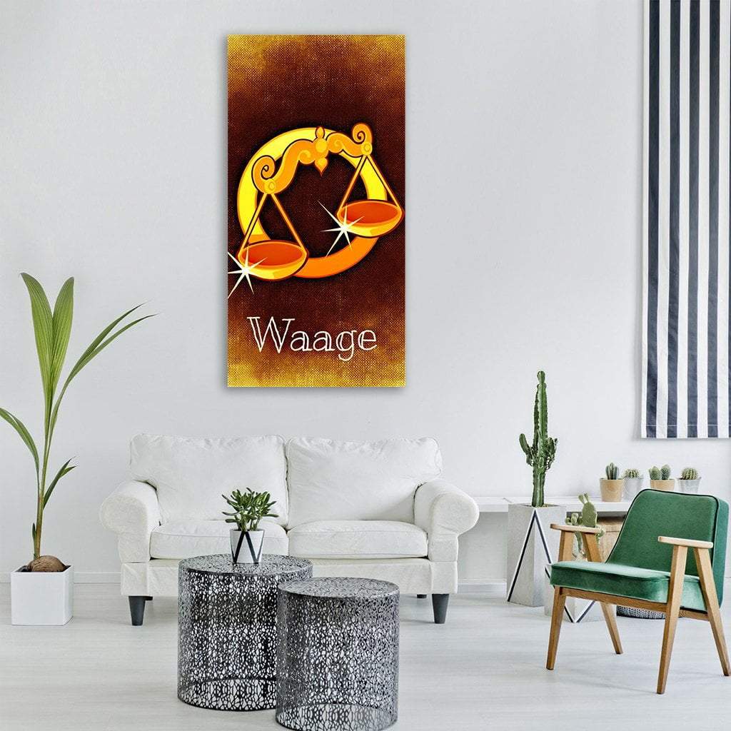Golden Libra Scales with Waage Vertical Canvas Wall Art in brown, gold and yellow, single vertical panel hung on a wall