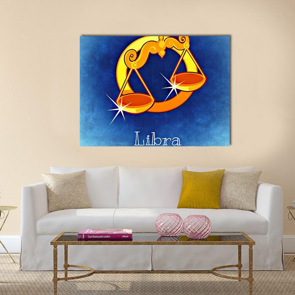 Libra Zodiac with Golden Scales Canvas Wall Art in gold, yellow and blue, single panel hung on a wall