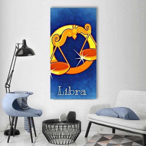 Libra Scales on Textured Blue Background Vertical Canvas Wall Art in gold, yellow and blue, single vertical panel hung on a wall