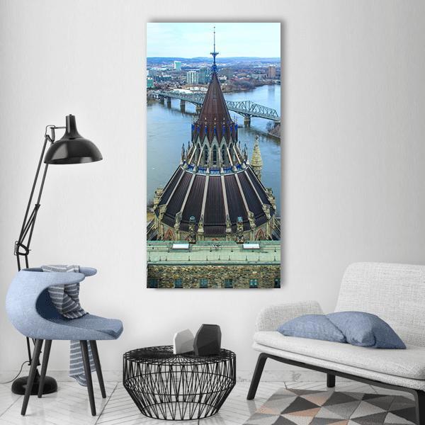 Library of Parliament Dome, Ottawa Vertical Canvas Wall Art in gray, brown and blue, single vertical panel hung on a wall