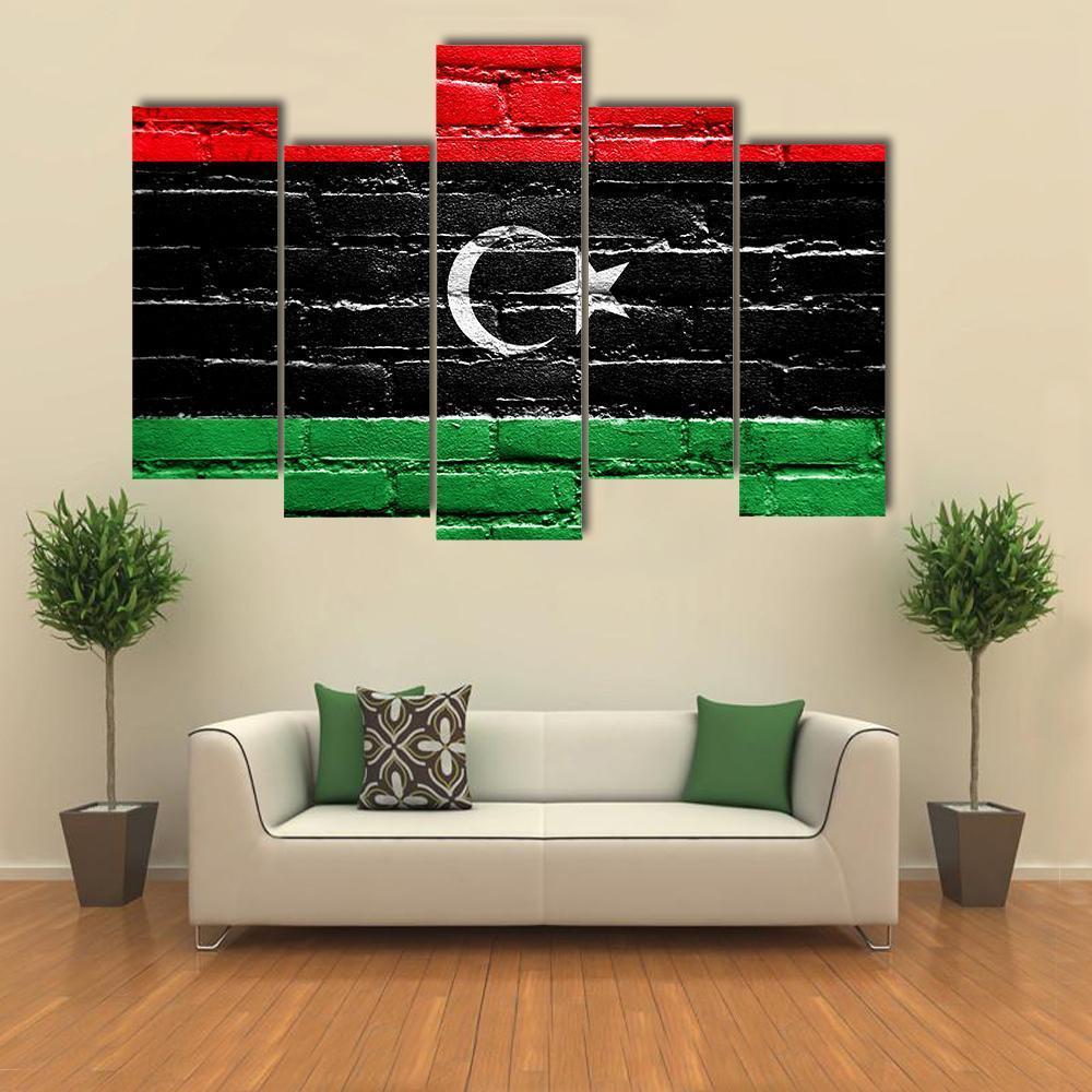 Libya Flag On Brick Wall Canvas Wall Art-5 Pop-Gallery Wrap-47" x 32"-Tiaracle