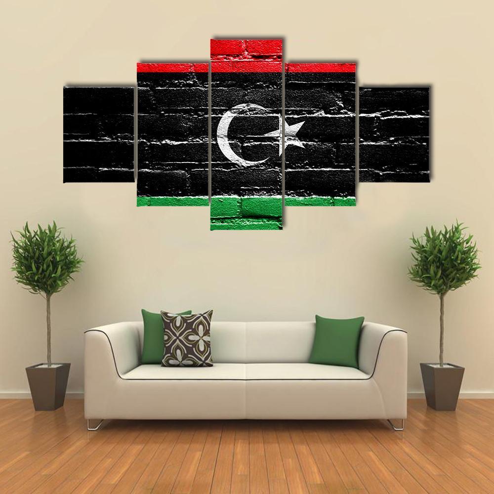 Libya Flag On Brick Wall Canvas Wall Art-5 Star-Gallery Wrap-62" x 32"-Tiaracle