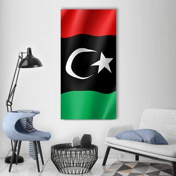 Waving Libyan Flag with White Crescent and Star Vertical Canvas Wall Art in black, red and green, single vertical panel hung on a wall