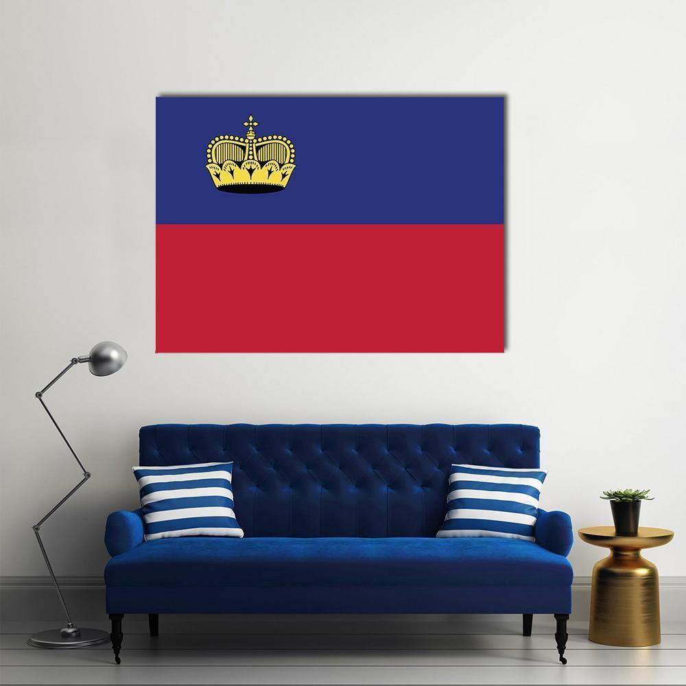 Liechtenstein Flag with Gold Crown Canvas Wall Art in gold, red and blue, single panel hung on a wall