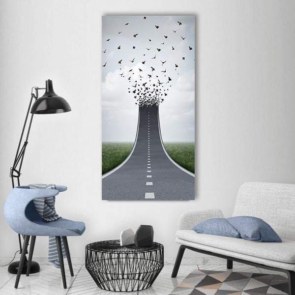 Asphalt Road Morphing Into Birds Vertical Canvas Wall Art in black, white and gray, single vertical panel hung on a wall
