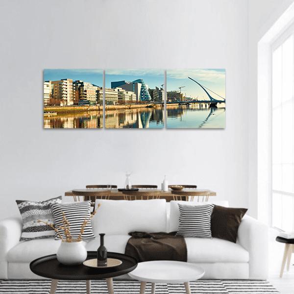 Samuel Beckett Bridge and River Liffey Dublin Panoramic Canvas Wall Art in gray, beige and blue, hung on a wall