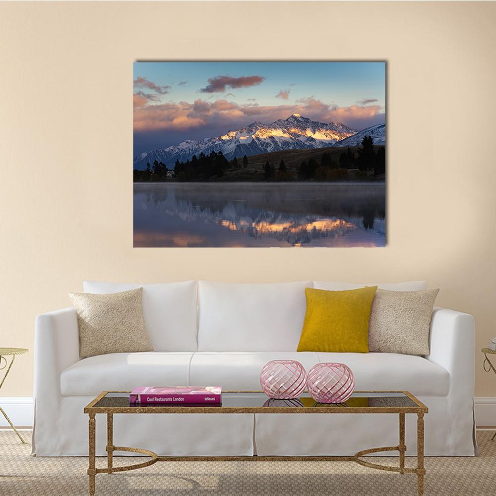 Lake Camp New Zealand Canvas Wall Art in gray, orange and blue, single panel hung on a wall