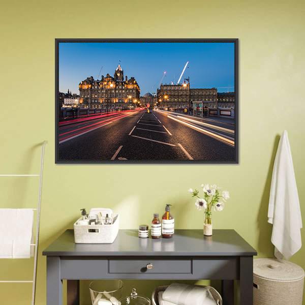 Light Trails On Bridge Edinburgh Canvas Wall Art-1 Piece-Floating Frame-24" x 16"-Tiaracle