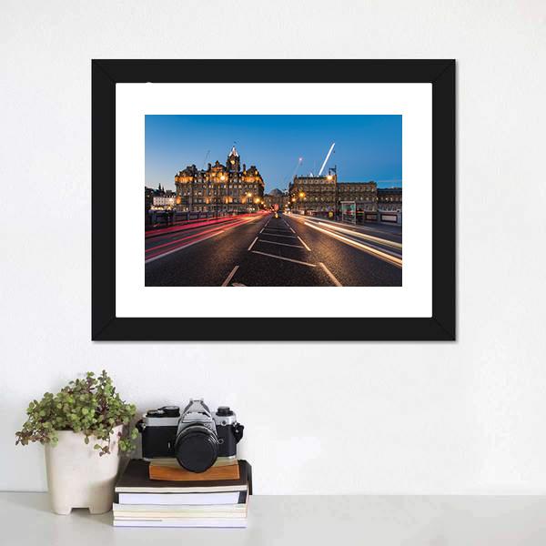Light Trails On Bridge Edinburgh Canvas Wall Art-1 Piece-Framed Print-20" x 16"-Tiaracle