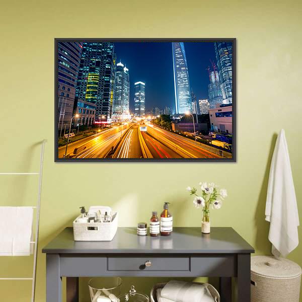 Light Trails On Street Shanghai Canvas Wall Art-1 Piece-Floating Frame-24&quot; x 16&quot;-Tiaracle