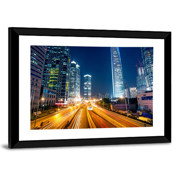Light Trails On Street Shanghai Canvas Wall Art-3 Horizontal-Gallery Wrap-25" x 16"-Tiaracle