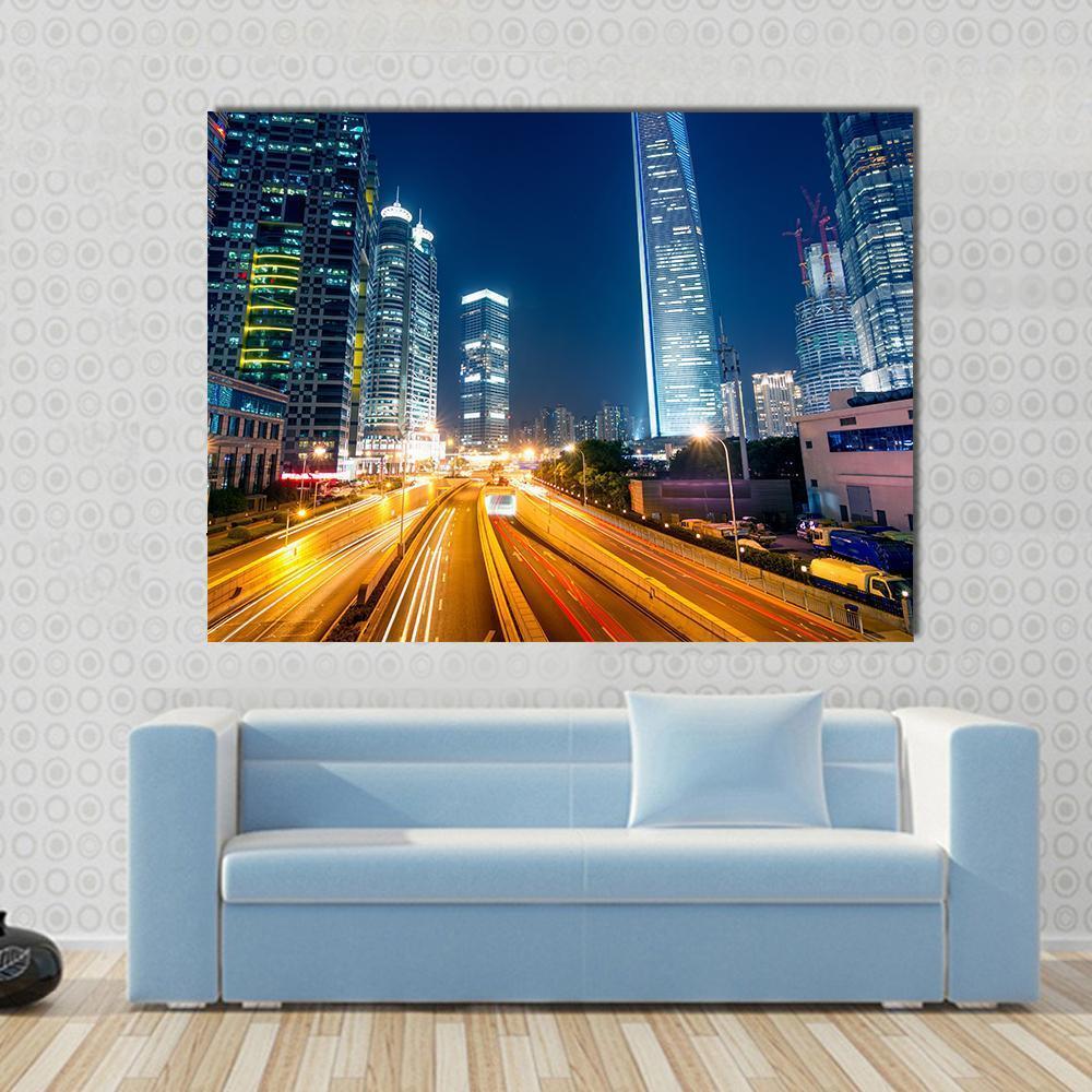 Light Trails On Street Shanghai Canvas Wall Art-1 Piece-Gallery Wrap-48" x 32"-Tiaracle