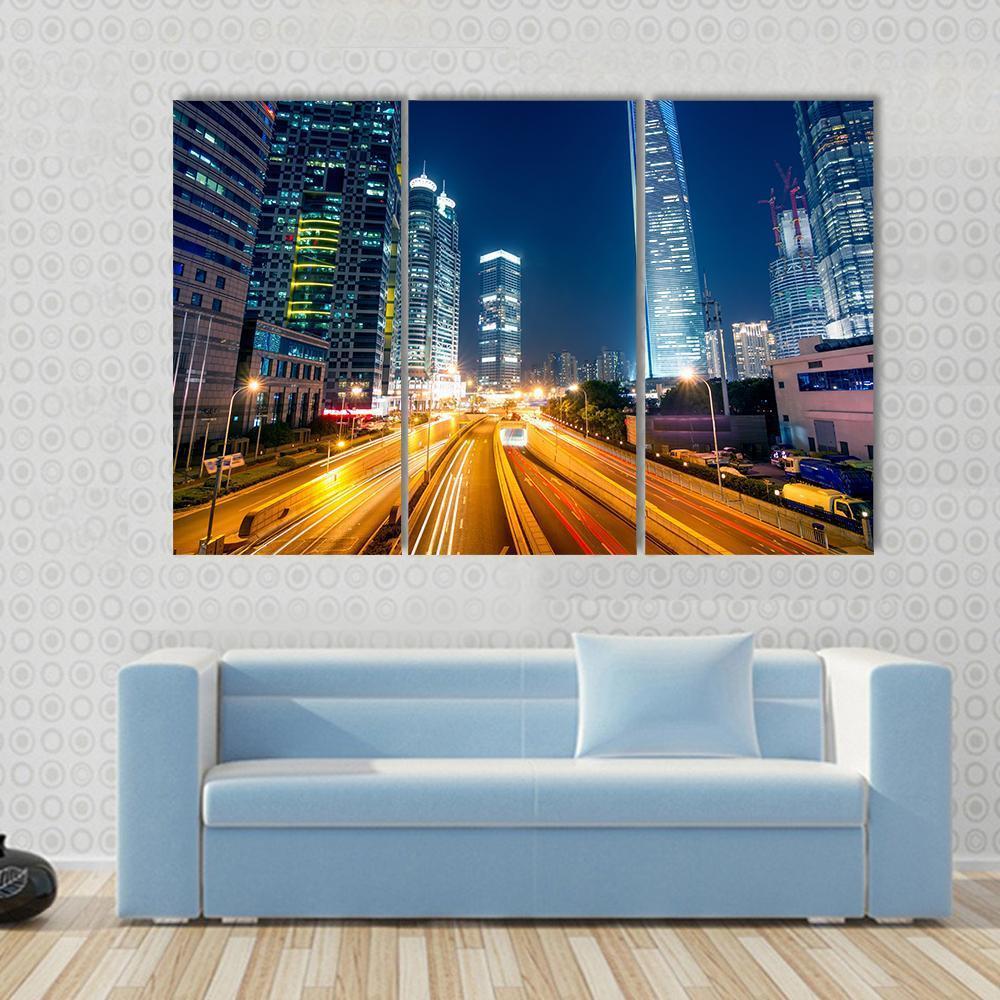 Light Trails On Street Shanghai Canvas Wall Art-3 Horizontal-Gallery Wrap-37" x 24"-Tiaracle