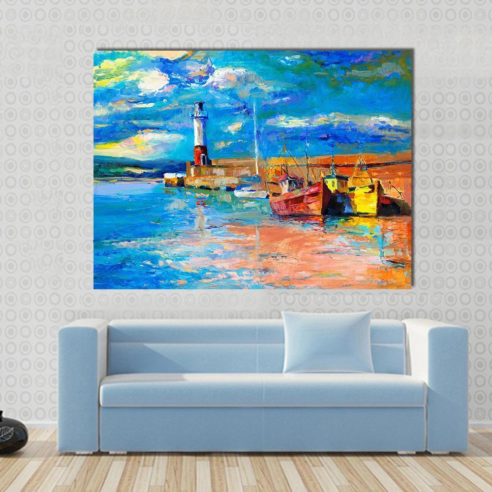 Lighthouse &amp; Boats Abstract Canvas Wall Art in orange, yellow and blue, single panel hung on a wall