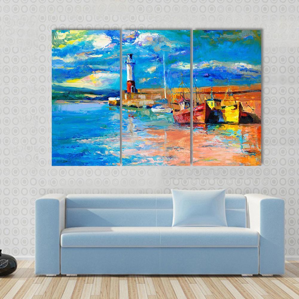 Lighthouse &amp; Boats Abstract Canvas Wall Art-3 Horizontal-Gallery Wrap-37&quot; x 24&quot;-Tiaracle