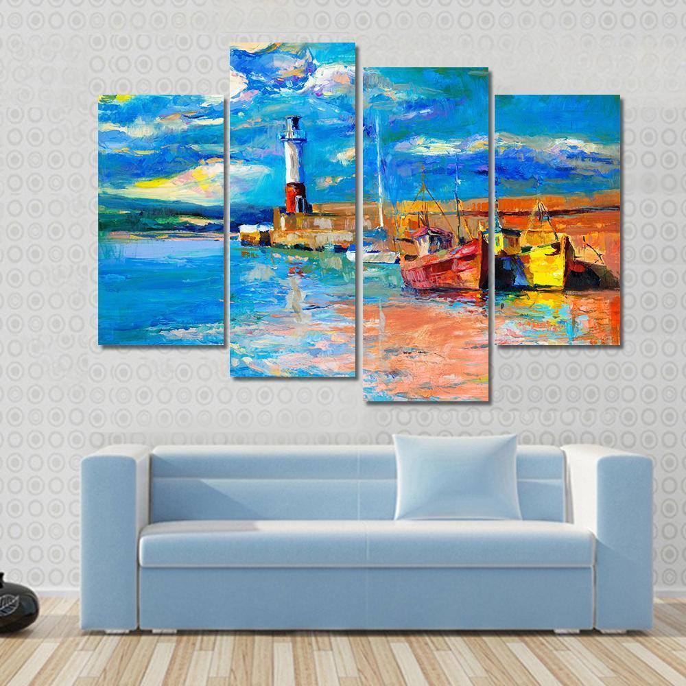 Lighthouse & Boats Abstract Canvas Wall Art-4 Pop-Gallery Wrap-50" x 32"-Tiaracle