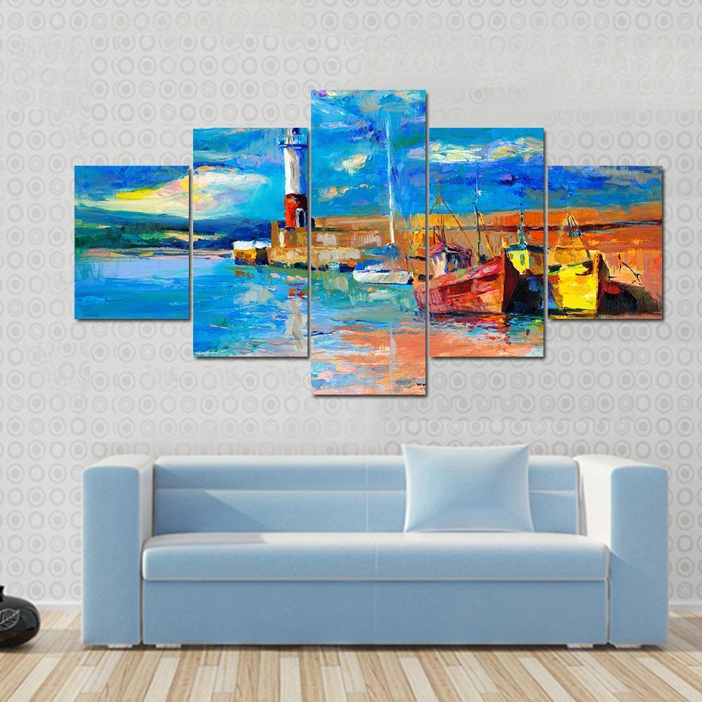 Lighthouse &amp; Boats Abstract Canvas Wall Art-5 Star-Gallery Wrap-62" x 32"-Tiaracle