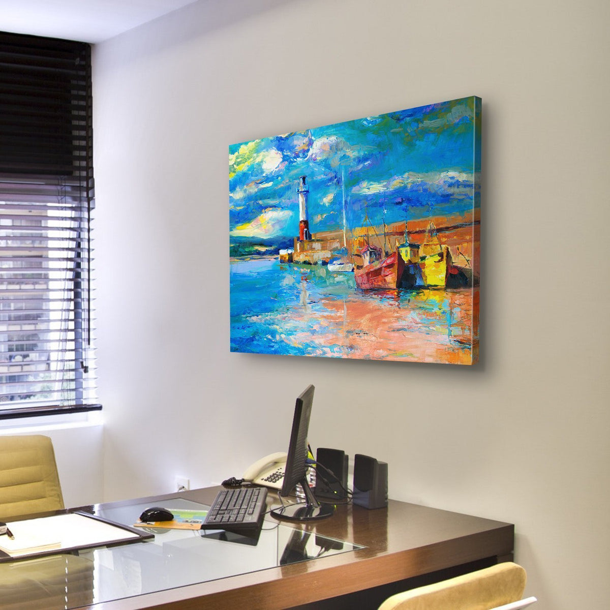 Lighthouse &amp; Boats Abstract Canvas Wall Art-3 Horizontal-Gallery Wrap-25&quot; x 16&quot;-Tiaracle