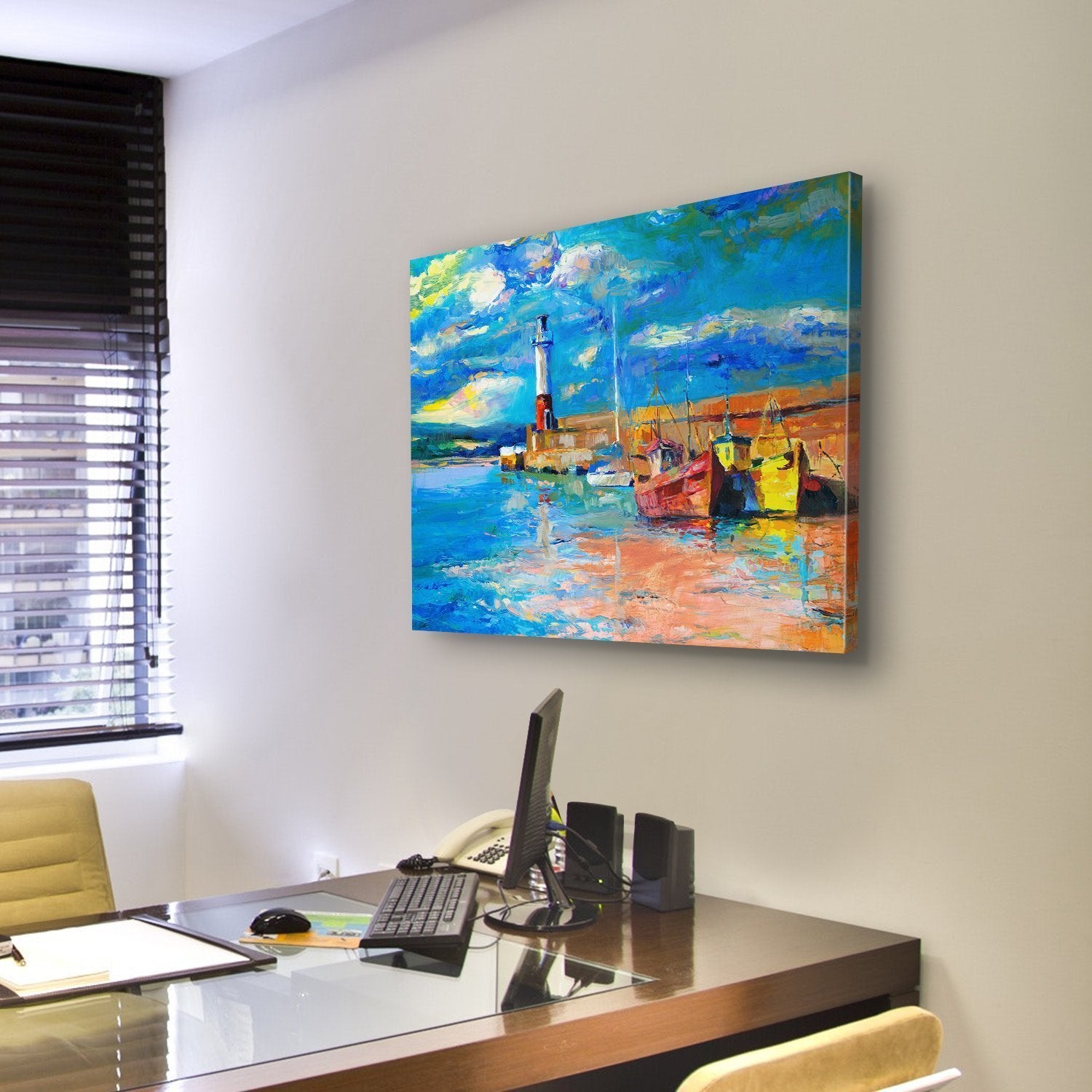 Lighthouse & Boats Abstract Canvas Wall Art-5 Star-Gallery Wrap-62" x 32"-Tiaracle