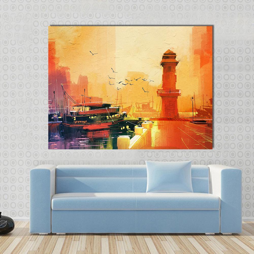 Lighthouse &amp; Boat Canvas Wall Art in brown, orange and yellow, single panel hung on a wall