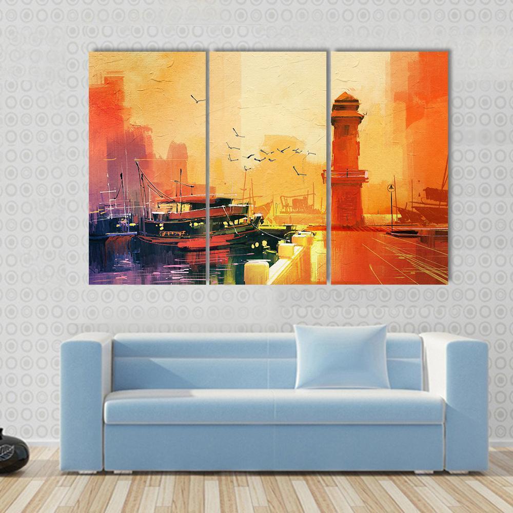 Lighthouse &amp; Boat Canvas Wall Art-3 Horizontal-Gallery Wrap-37" x 24"-Tiaracle