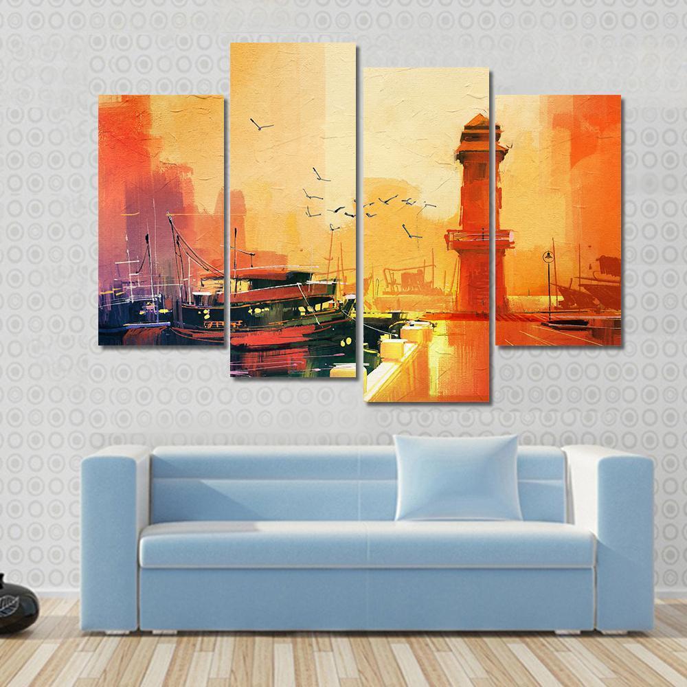 Lighthouse & Boat Canvas Wall Art-4 Pop-Gallery Wrap-50" x 32"-Tiaracle