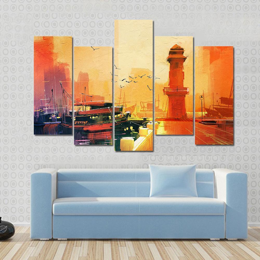 Lighthouse & Boat Canvas Wall Art-5 Pop-Gallery Wrap-47" x 32"-Tiaracle