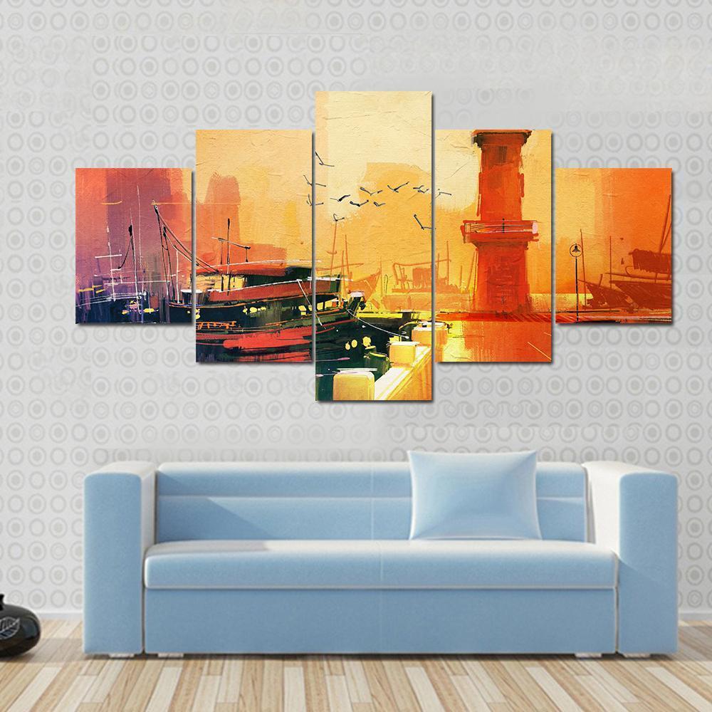 Lighthouse & Boat Canvas Wall Art-5 Star-Gallery Wrap-62" x 32"-Tiaracle