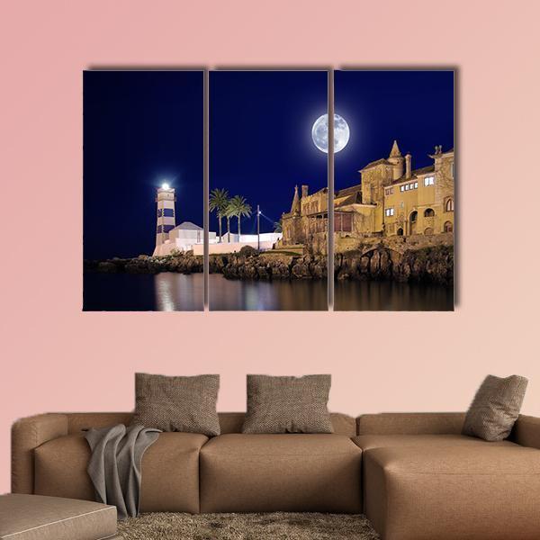 Lighthouse & House At Night Canvas Wall Art-3 Horizontal-Gallery Wrap-37" x 24"-Tiaracle