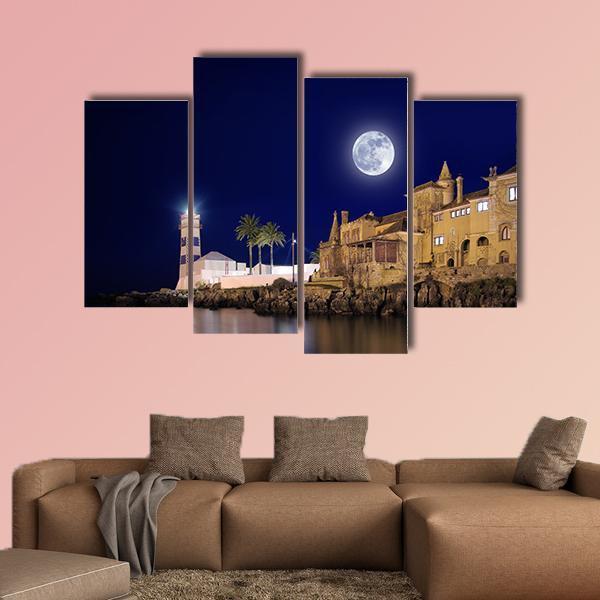 Lighthouse & House At Night Canvas Wall Art-4 Pop-Gallery Wrap-50" x 32"-Tiaracle