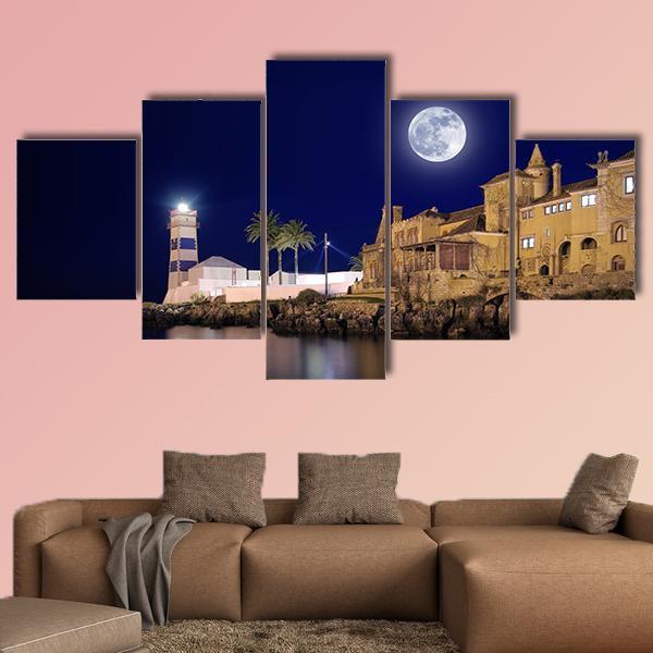 Lighthouse & House At Night Canvas Wall Art-5 Star-Gallery Wrap-62" x 32"-Tiaracle