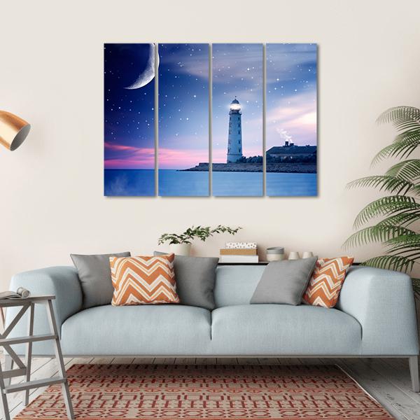 Lighthouse At Night Canvas Wall Art-1 Piece-Gallery Wrap-36" x 24"-Tiaracle