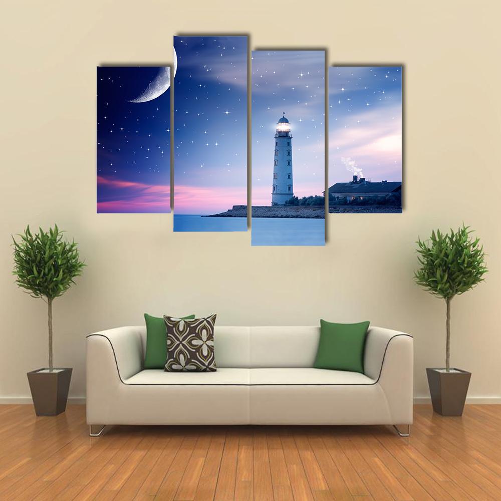 Lighthouse At Night Canvas Wall Art-4 Pop-Gallery Wrap-50" x 32"-Tiaracle