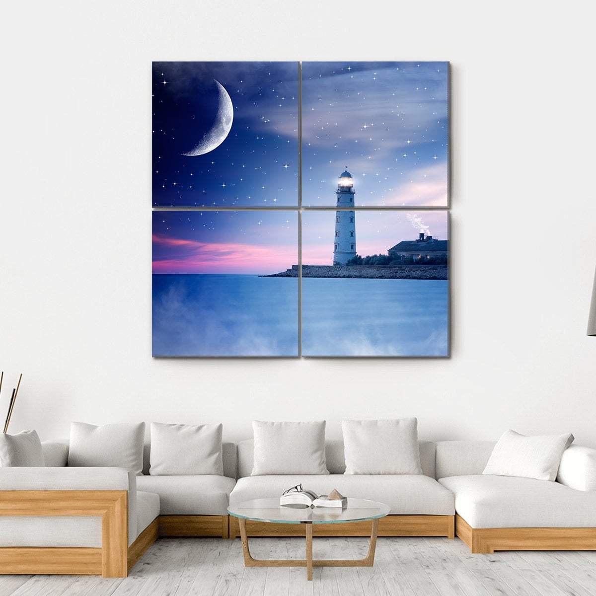Lighthouse At Night Canvas Wall Art-4 Square-Gallery Wrap-17" x 17"-Tiaracle