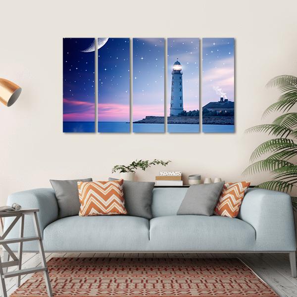Lighthouse At Night Canvas Wall Art-5 Horizontal-Gallery Wrap-22" x 12"-Tiaracle