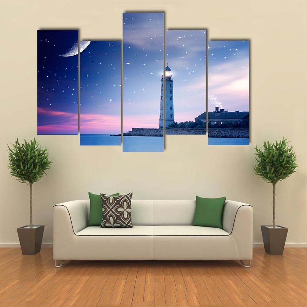 Lighthouse At Night Canvas Wall Art-5 Pop-Gallery Wrap-47" x 32"-Tiaracle