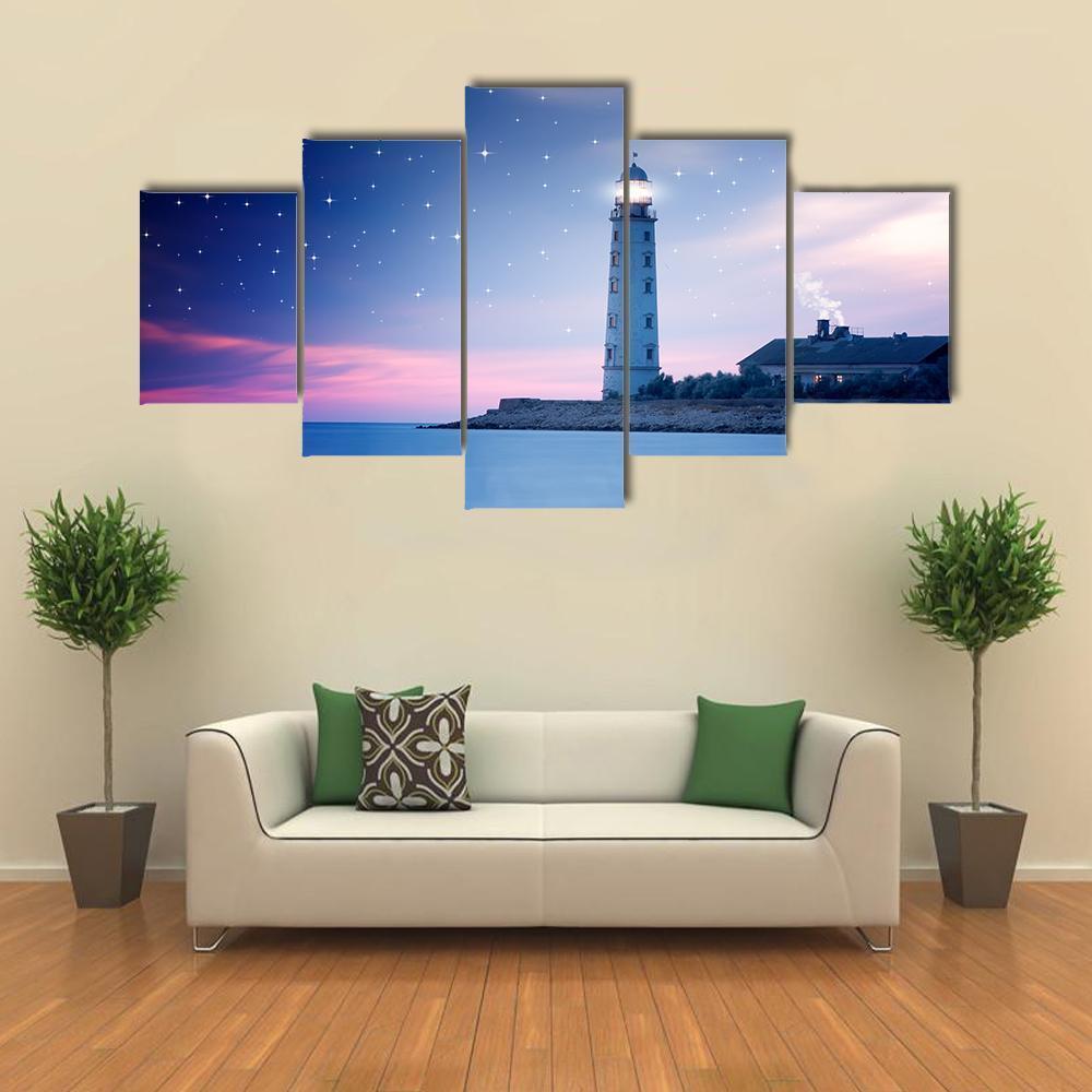 Lighthouse At Night Canvas Wall Art-5 Star-Gallery Wrap-62" x 32"-Tiaracle
