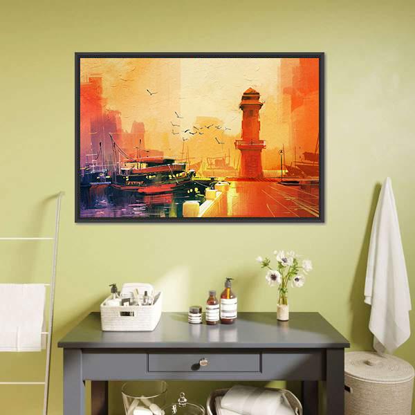 Lighthouse & Boat Canvas Wall Art-1 Piece-Floating Frame-24" x 16"-Tiaracle