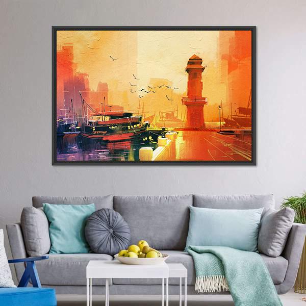Lighthouse & Boat Canvas Wall Art-3 Horizontal-Gallery Wrap-25" x 16"-Tiaracle
