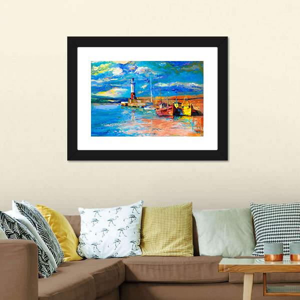 Lighthouse & Boats Abstract Canvas Wall Art-3 Horizontal-Gallery Wrap-25" x 16"-Tiaracle