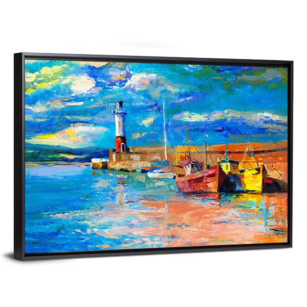 Lighthouse & Boats Abstract Canvas Wall Art-3 Horizontal-Gallery Wrap-25" x 16"-Tiaracle