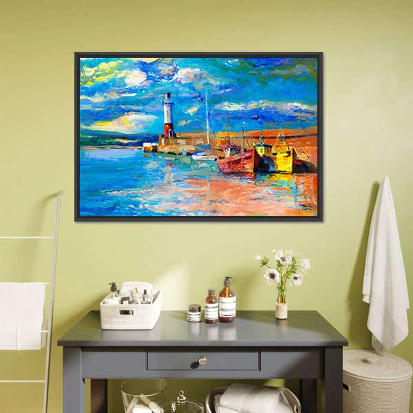 Lighthouse & Boats Abstract Canvas Wall Art-1 Piece-Floating Frame-24" x 16"-Tiaracle