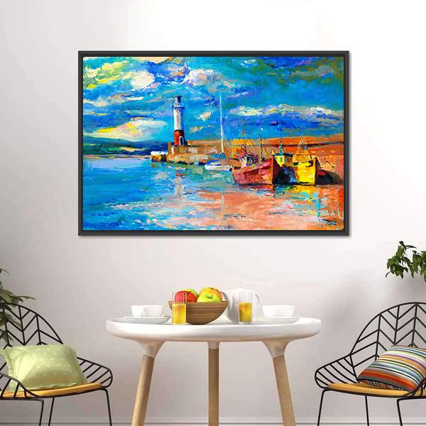 Lighthouse & Boats Abstract Canvas Wall Art-3 Horizontal-Gallery Wrap-25" x 16"-Tiaracle